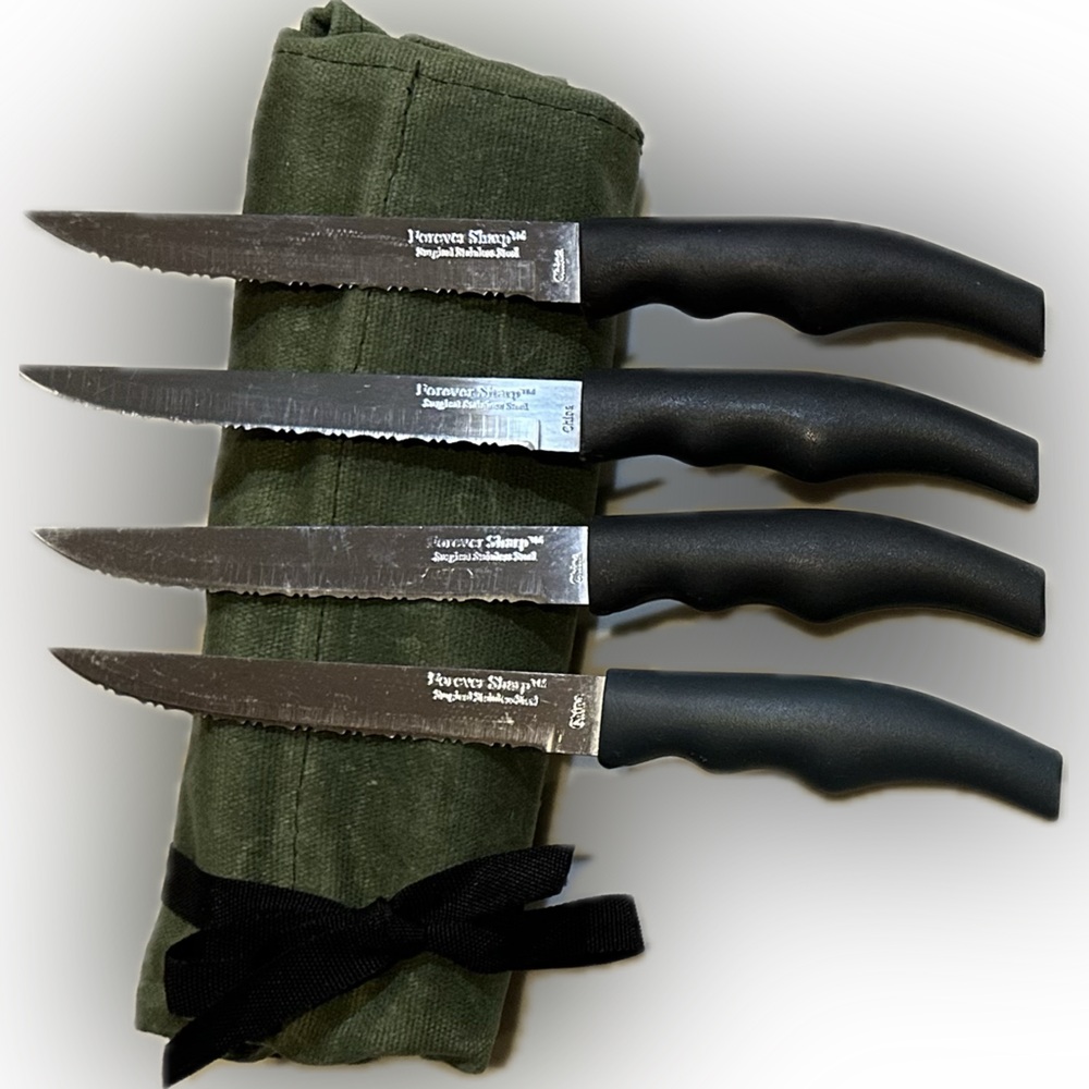 FOREVER SHARP 4 PIECE GOURMET STAINLESS STEAK KNIVES IN WAXED CANVAS KNIFE ROLL